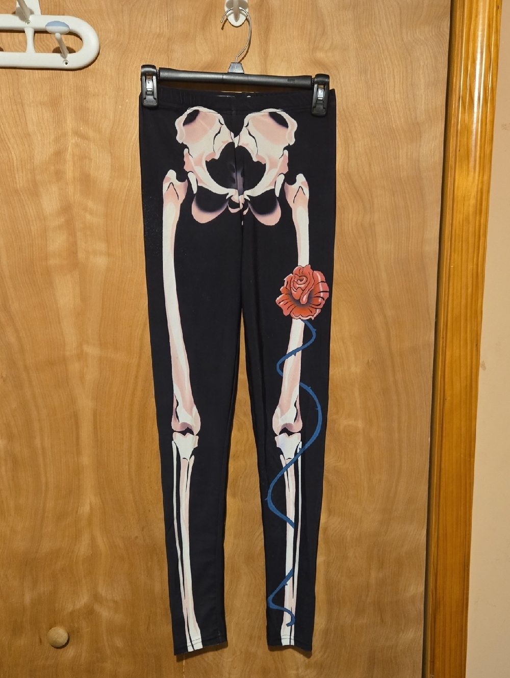 Black Skeleton Leggings with Pink Rose Graphic